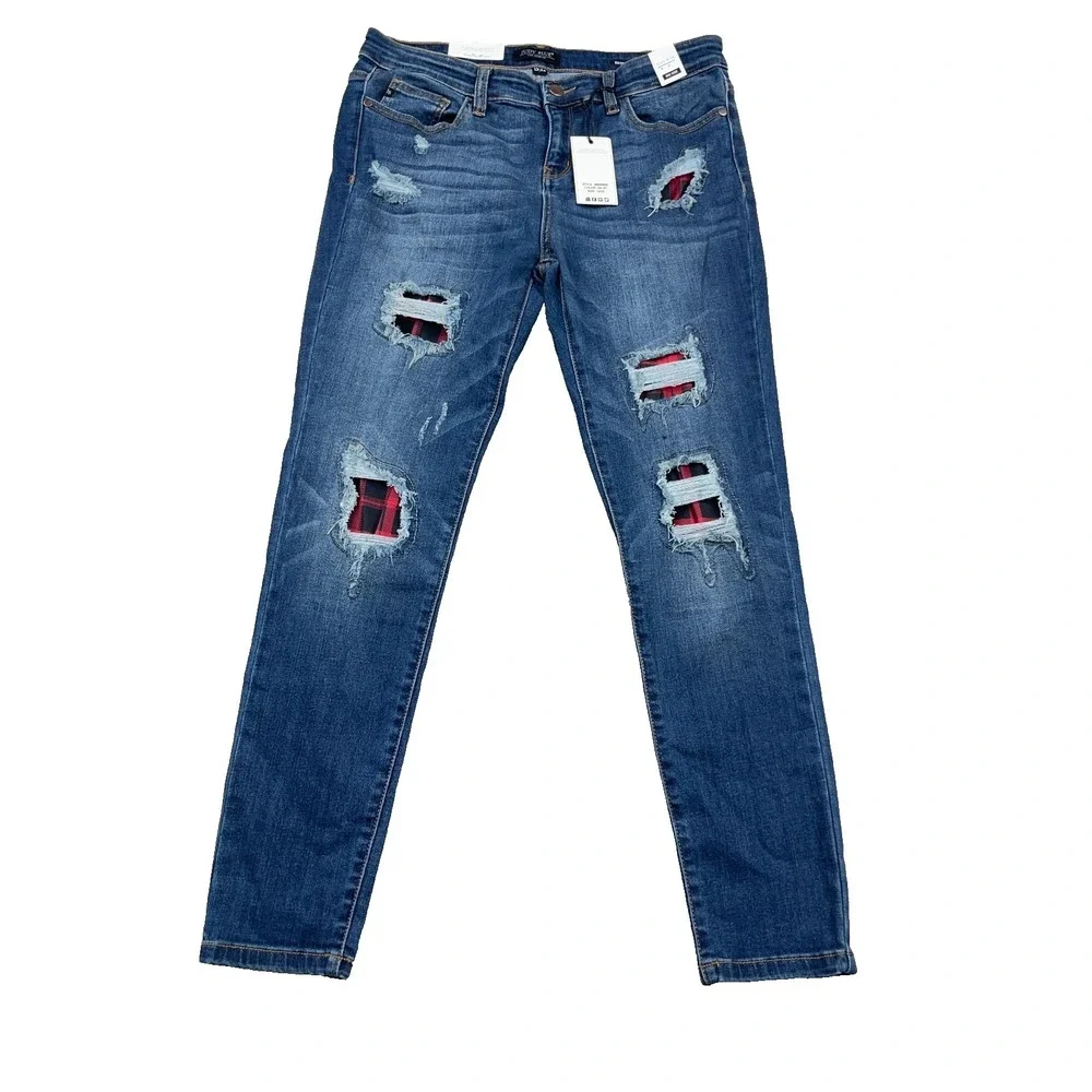 Judy Blue Skinny Jeans Women 15 32 Mid Rise Waist Med Wash Distressed Holes NEW